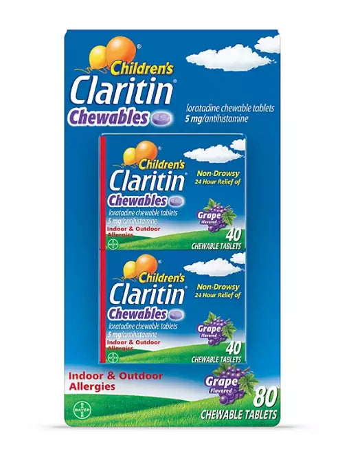 Claritin Children's Chewable 5 mg. 24 Hour Non-Drowsy, 80 Grape Chewable Tablets